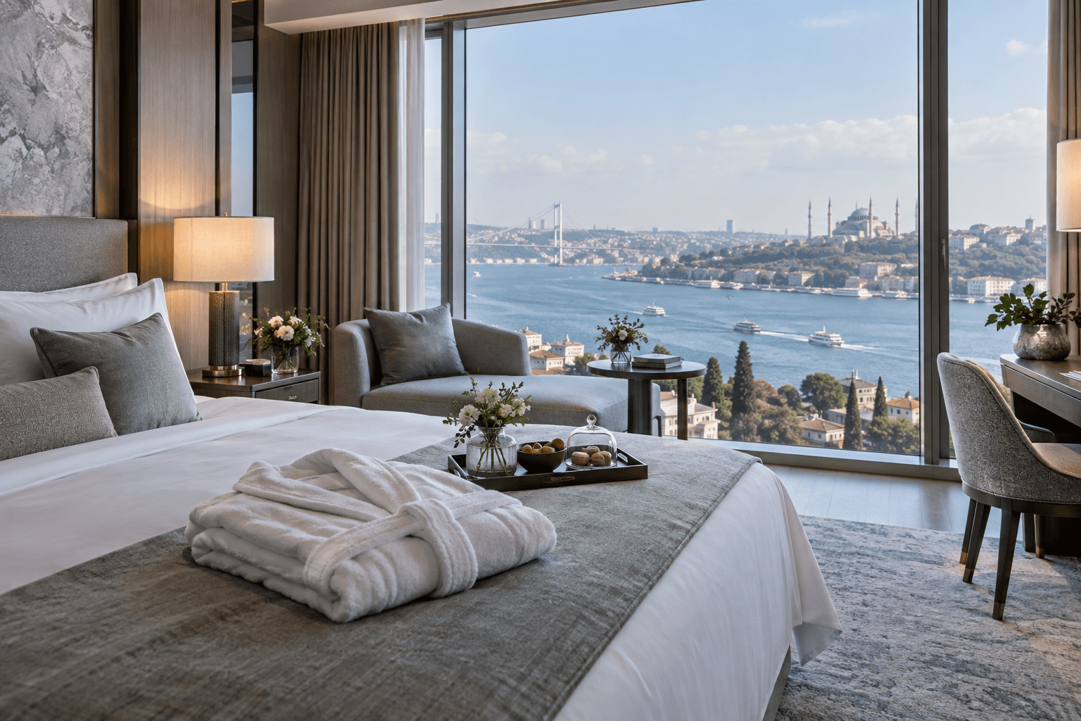 A serene VIP hotel room overlooking the Bosphorus